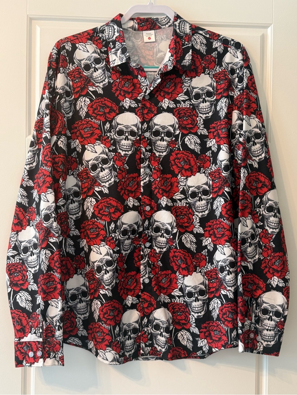 Men’s Long Sleeve Button Down Black Shirt Featuring Gothic Print Skulls Roses